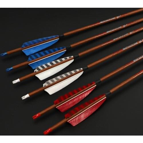 6/12pcs Wood Skin Carbon Arrow Spine 500 with 4Inches Turkey Feather Real Feather Arrows for Compound Traditional Bow Hunting