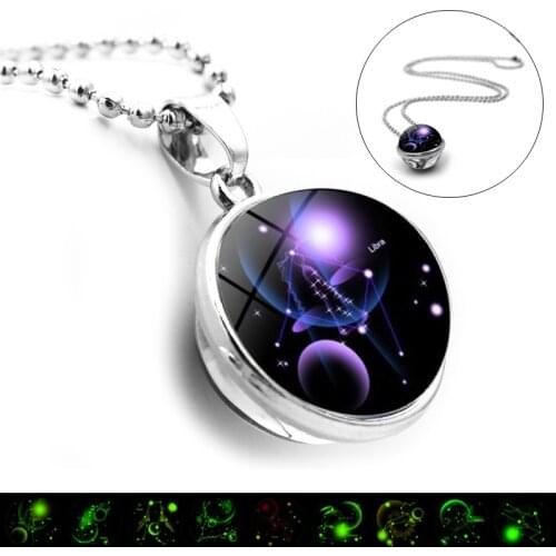 Luminous 12 Constellations Necklace Double Sided Glass Ball Pendant Gemini Gemini Virgo Aries Necklaces Men Women Birthday Gifts