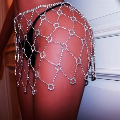 Sexy Body Chain Lingerie Bling Crystal Mesh Hollow Thong Panties Jewelry for Women Silver Color Rhinestone Belly Waist Chain
