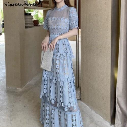Vintage Blue Lace Maxi Dress Patchwork High Waisted Elegant Party Long Dresses Runway Design Short-sleeve Woman Clothing Vestido