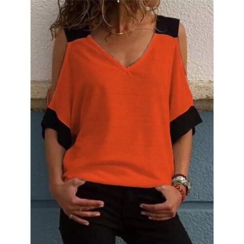 Elegant WomenS T-Shirtsshort Sleeves Off-Shoulder Orange Loose T-Shirts V-Neck Streetwear Casual Fashion High Quality Lady