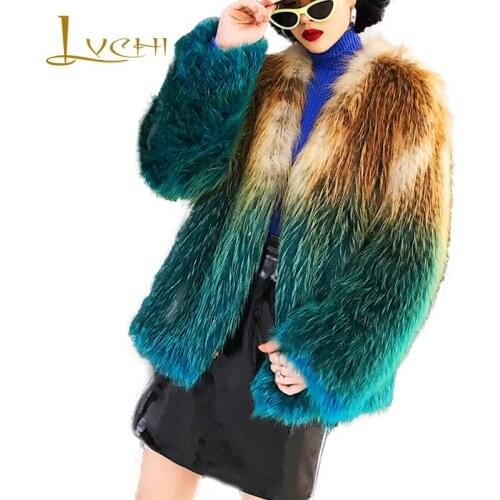 LVCHI 2019 Winter Real Fur Coats Long Sleeve Soft Slim Loss Natural Fox Fur Coat Womens O-Neck Patchwork Gradient Fox Fur Coats
