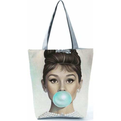 Audrey Hepburn Blowing Bubbles Printed Handbag Classic High Capacity Women Shoulder Bag Eco Reusable Shopping Bag Custom Pattern