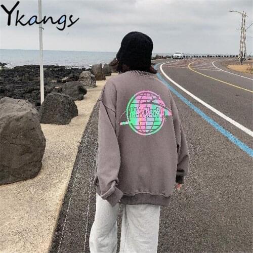 Fall/winter New Loose Print Womens Pullover Korean Style All-match Round Neck Ladies Blouse New Street Style Fashion Sports Top