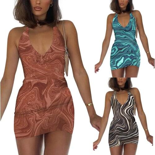 Women’s Fashion Stripe Printing Skinny Dress Sexy Bandage Halter V-neck Backless Short Dress