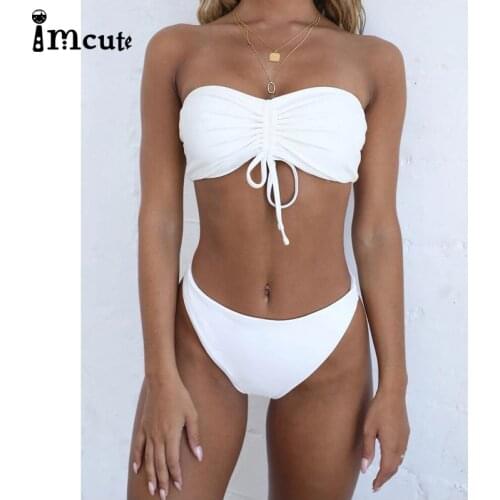 2020 Sexy Bikini Swimsuit Solid Strapless Swimwear Women Lace-up Thong Biquini Swimming Suit Beachwear Bathing Suit