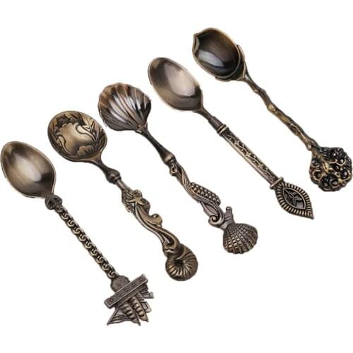 5pcs Vintage Royal Style Bronze Carved Small Coffee Tools Tableware Cutlery Kitchen Dining Bar Tools Ice Cream Coffee Spoon
