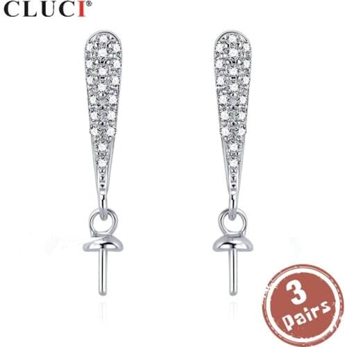 CLUCI 3 pair Real Silver 925 Zircon Pearl Earring Mounting for Women Wedding Sterling Silver Jewelry Luxury Stud Earring SE127SB
