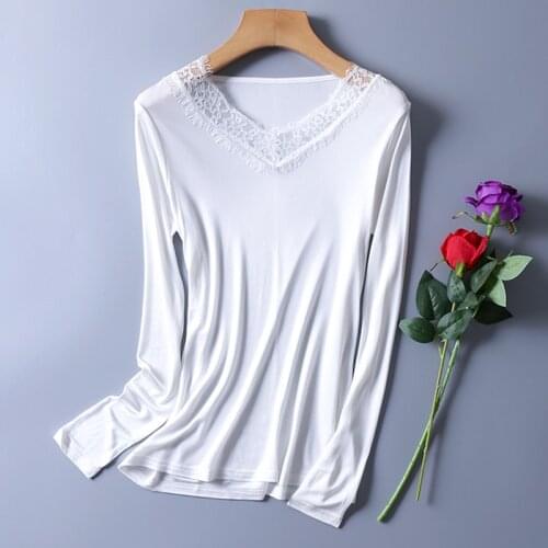 Womens 30% Real Silk 70% Viscose Long Sleeve Lace V-neck T-Shirts undershirt thermal top L XL 2XL 3XL 3022