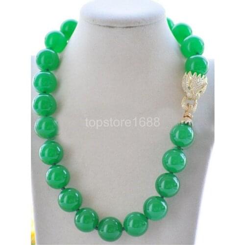 Huge 18mm Round Green Jade Bead Necklace Cougar zircon Leopard head clasp 18inch
