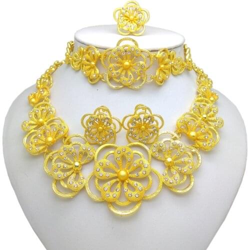 Kingdom Ma Gold Color Nigerian Wedding African Beads Jewelry Set Crystal Saudi Jewelry Sets Necklace Bracelet Earring Ring Sets