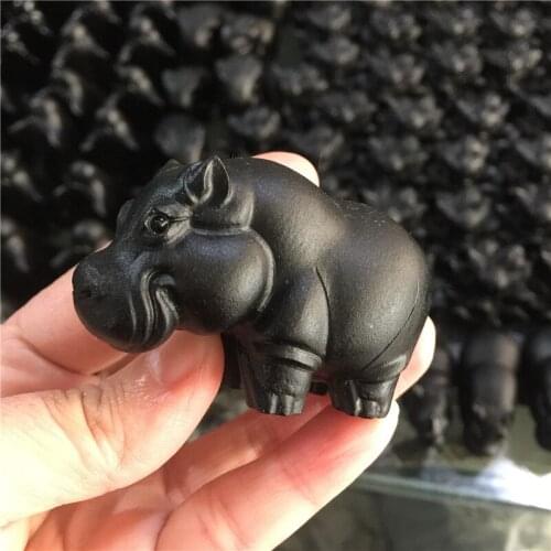 Cute Natural Stone Black Obsidian Handmade Carved Hippo Animal Powerful Statue For Home Decoration Gift