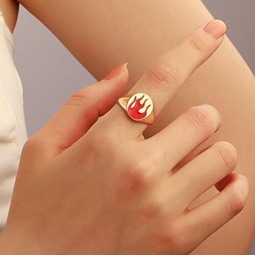 Fashion Red Flame Cherry Geometric Vintage Metal Ring for women Y2K Trendy Enamel Finger Ring for Men gold color Rings Jewelry