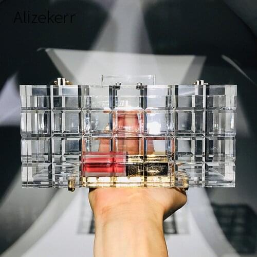 Clear Plaid Acrylic Box Evening Bag Women Luxury New Thick Crystal Clutch Purses And Handbag Ladies Dinner Bag High Quality