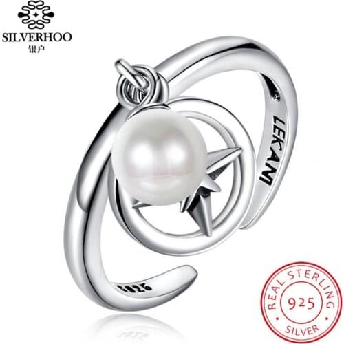 SILVERHOO Ajustable S925 Sterling Silver Peal Opening Ring Star Dropping Jewelry Simple Ring Wedding Birthday For Women Gift