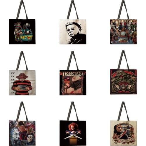 Shoulder bag ladies Halloween print casual tote bag linen fabric tote bag foldable shopping bag reusable beach bag