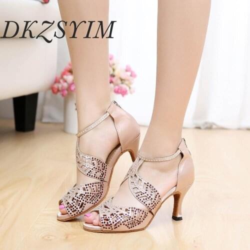 DKZSYIM Women Latin Dance Shoes Satin Shining Rhinestones Ladies Girls Tango Salsa Shoes Open Toe High Heels 6-10cm
