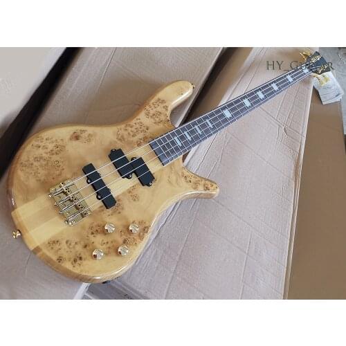 In Stock-4 Strings Natural Wood Color Neck-thru-body Electric Bass Guitar with Bark Grain Veneer,Rosewood fretboard