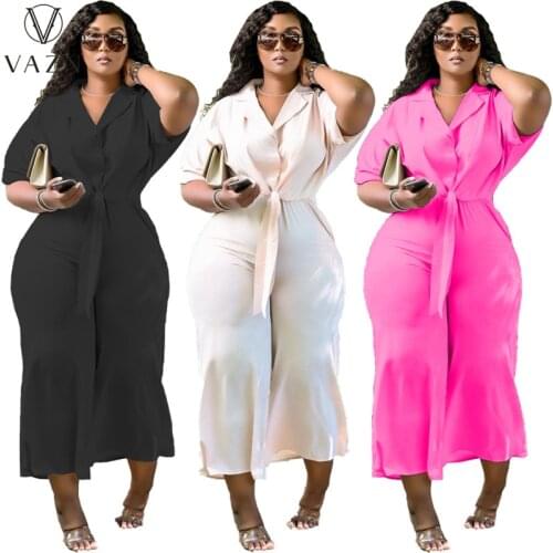 VAZN 2021 Top Sale Short Sleeve Street Wind V-neck Shinny Sexy Lady Women Party Beach Jumpsuits Full Pant Bandage Rompers
