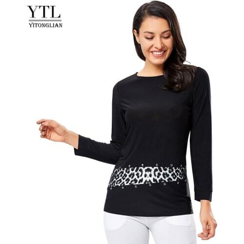 Yitonglian Long Sleeve Leopard Patchwork Elegant Tops Autumn Casual Round Neck T-shirt Tunic Tee For Work H328