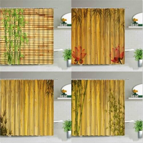 Green Bamboo Flower Shower Curtains 3D Leaves Background Wall Decor Fabric Bathroom Curtain Waterproof Bathtub Screen With Hooks