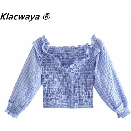 Klacwaya Za Women Blouse 2021 Textured Blue Plaid Off Shoulder Crop Top Woman Elastic Ruffle Ruched Long Sleeve Summer Blouses