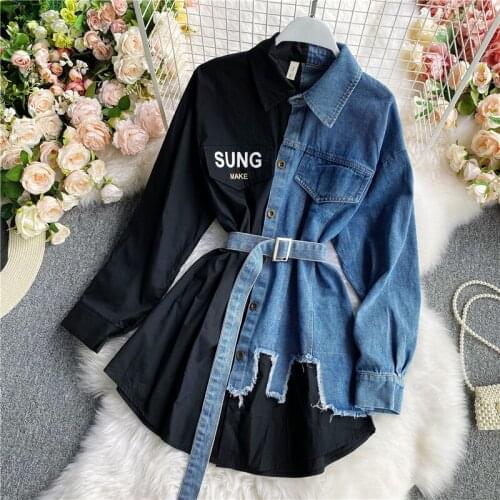 Womens Blouse 2020 Autumn Long Sleeve Shirt Tops Jeans Patchwork Plaid Blouses Elegantes Blusas para mujer Slim Shirt Dress