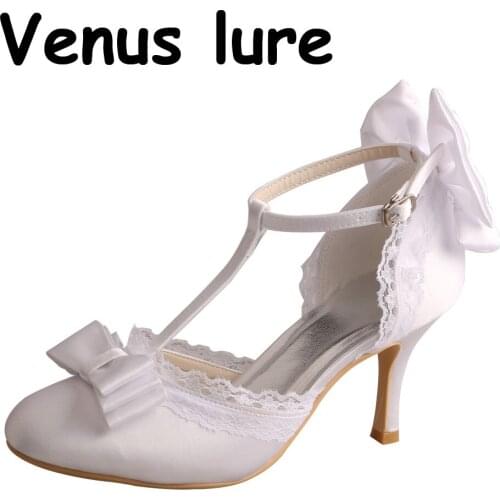 8CM Ladies White Heeled Shoes for Wedding T-strap Pumps with Bow