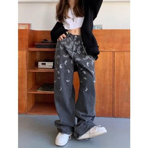 Womens jeans design sense new straight high waist slim draped loose jeans distressed black wide-leg pants Y2K retro trend 2021