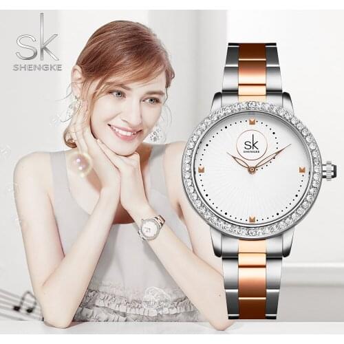 SHENGKE Women Dress Watch Rhinestone Gold SILVER Stainless Steel Casual Business Lady Quartz Wristwatch Luxury Girls Gift Clock