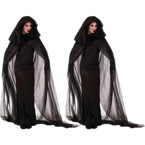 Women Halloween Witch Demon Vampire Uniform Set Black Long Dress Hooded Cape Cloak with Gloves Party Cosplay Dropshipping