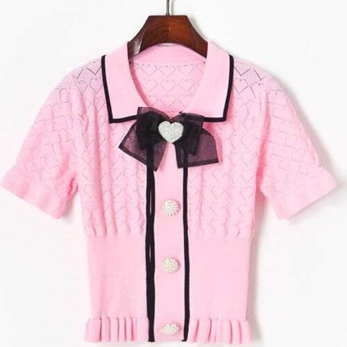 New Fungus Bow Button Design Crop Knit Tops for Women Elegant All-match Knit Pullovers Sweet Fresh Summer Thin Sweaters