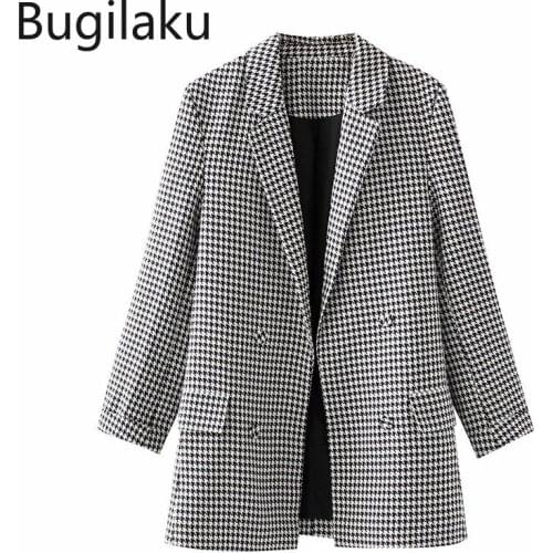 Bugilaku Vintage Plaid Blazer Women Double Breasted Long Sleeve Jackets Female Notched Collar High Street Casual Retro Outerwear