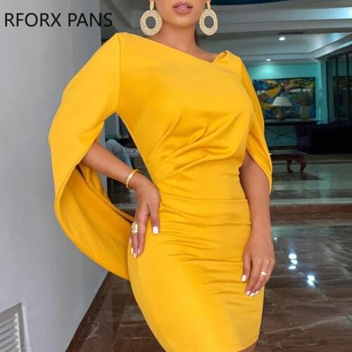 Women Plain Cloak Design Ruched Bodycon Dress Elegant Party Dress