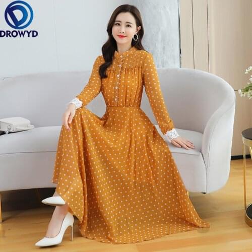 2021 Vestidos Vintage Button Female Yellow Dot Lace Stitching Chiffon Robe Womens Party Full Sleeve Slim Autumn Long Lady Dress