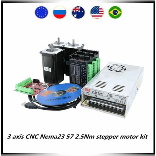 3 axis CNC Nema23 57 stepper motor kit include 3 pcs 2.5Nm 3A motor +3 pcs drivers + 1 pcs 350w36v power supply + MACH3 card
