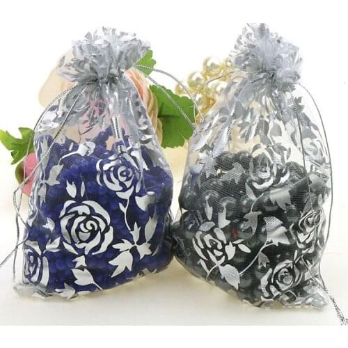 Free Shipping Hot Sale 100pcs/lot 13x18cm Silver Rose Christmas /Wedding Drawable Organza Voile Gift Packaging Bags&Pouches