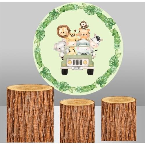 Wild jungle animal background Round circle Backdrop baby shower kids birthday Party decora table plinth wood bark covers YY-424