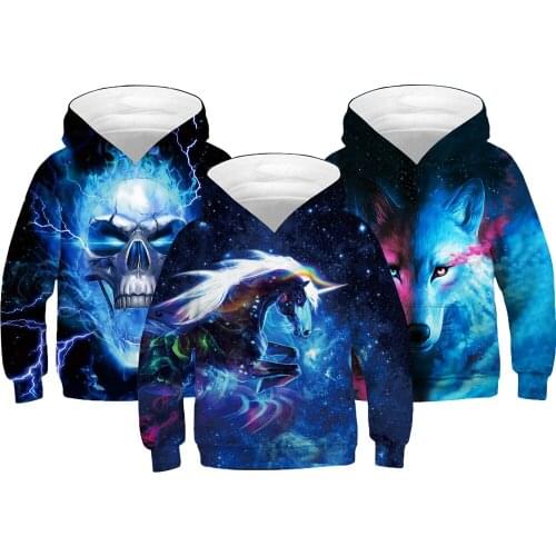 110-160cm Boy Hoodies Autumn 3D Wolf Starry Horse Teenagers Sweatshirt For Boys Girls Christmas Halloween Gift Children Coat