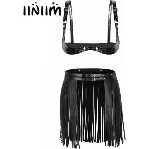 Womens Wet look Faux Leather Lingerie set Adjustable Shoulder Straps Bra Tops with Double Waistband Tassel Skirt Erotic Costume