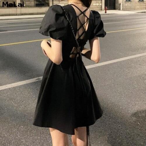 Korean Dresses Fashion Black Gothic Women Elegant One Piece Clothes Ladies Summer 2021 Puff Sleve Backless Vintage Sexy Dress