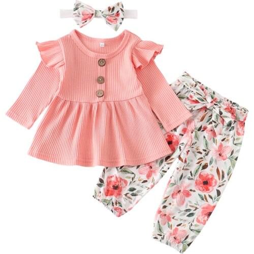 Clothing Suit Autumn 3Pcs Baby Girl Clothes The New Pink Long-sleeved T-shirt Printed Pants Headband Newborn Infant Outfits Set
