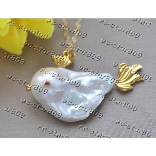 Z11283 35mm White Baroque Keshi REBORN Pearl Fish Pendant 925Silver Women Fine Jewelry