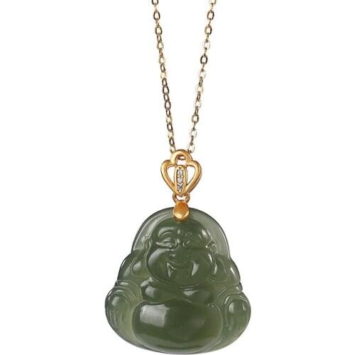 S925 sterling silver gold-plated natural Hetian gray jade pendant vintage graceful personality Maitreya Buddha Lady pendant