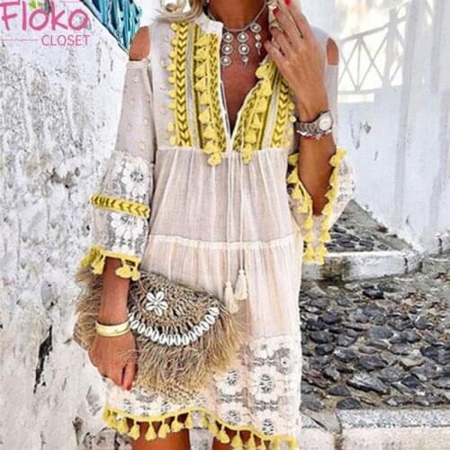 Flokocloset Summer Bohemian Print Hollow Out Tassels Mini Dress Casual V-Neck Vintage Party Boho Sundress