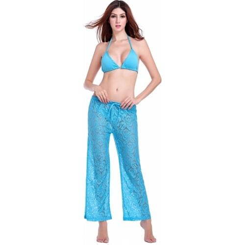 Female Favorite Loose Style 2020 Floral Pattern Beach Cover Ups Adjustable Tie Sexy Transparent Lace Long Pant