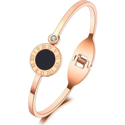 Trendy Roman Numerals Charm Cuff Bangles For Women Rhinestone Titanium Stainless Steel Wedding Bracelets B20187