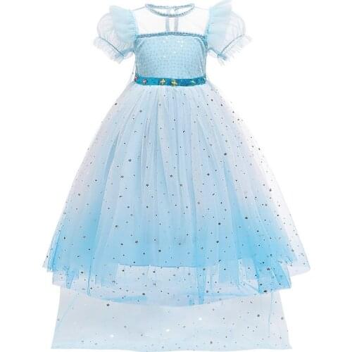 New Dress Cartoon Movie Blue Dress Costume Princess Snow Queen Dressing Up With Cape For Girl Carnival Fancy Party Dress