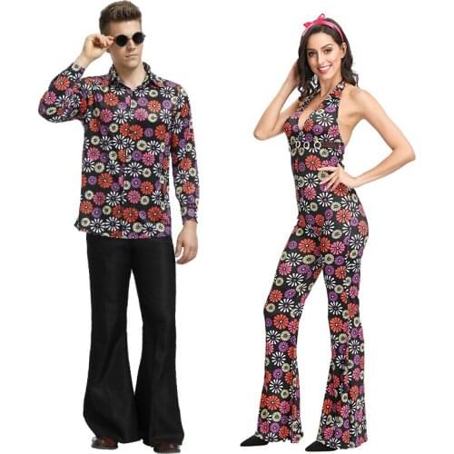 Fancy Hip Hop Costume Cosplay For Adult Couple 90s Retro Floral Party Dress Up Halloween Costume For Men Women Suit
