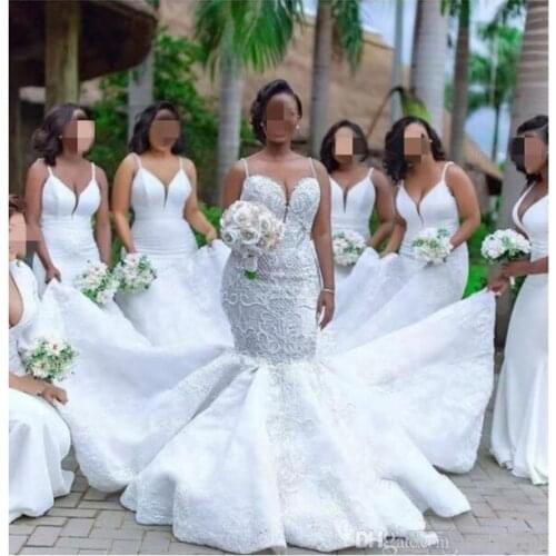 Spaghetti Lace Appliqued Pearls Beads South African 2021 Luxury Mermaid Wedding Dresses Custom Beach Country Bridal Gowns